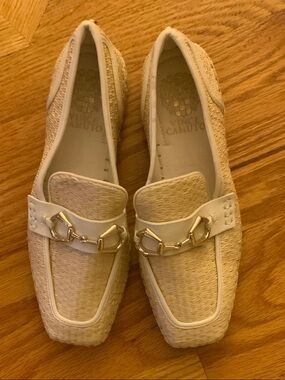 Vince Camuto Cream Woven Loafers with Gold Bit